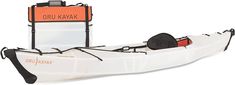 an orange and white kayak with two seats attached to it