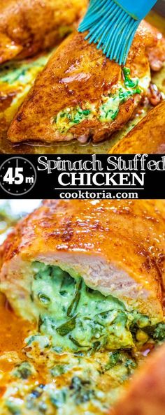 spinach stuffed chicken is being brushed with a brush