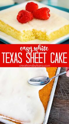 easy white texas sheet cake with raspberries on top