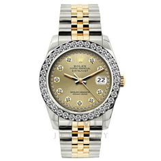 Condition - Pre-Owned Model Datejust Movement  Original Rolex Automatic Movement Bezel - Aftermarket Diamond Bezel set with 1.2CT diamonds Dial  Gold Rolex Dial Case Size  26mm Crystal - Scratch-resistant sapphire crystal Bracelet - Original Rolex Yellow Gold and Stainless Steel bracelet Bracelet Length  7.5 inches Gender  Womens Box  Rolex Box Papers Appraisal Certificate Size: One Size.  Color: Metal Type.  Gender: female.  Age Group: adult. Bracelet Original, Buy Rolex, Gold Rolex, Bezel Diamond, Diamond Watch, Crystal Bracelet, Bracelet Gold, Rolex Datejust, Steel Bracelet