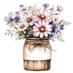 a jar filled with lots of pink and purple flowers