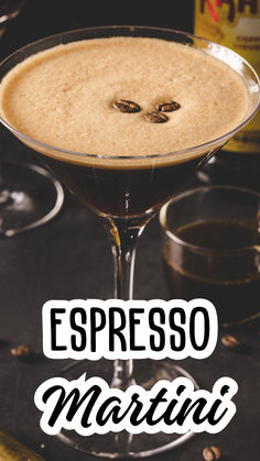 an espresso martini in a coupe glass with the words espresso martini on it