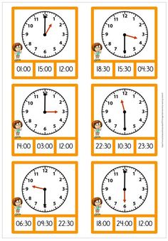 the telling time worksheet is shown with four different clocks in orange and white