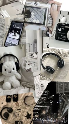 a collage of photos with headphones, books and other things on it including a teddy bear