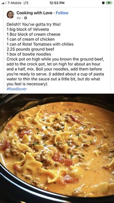 a crock pot filled with pasta and meat on top of a table next to an instagram post