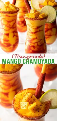 the mango chamoya drink is garnished with cinnamon and sliced limes