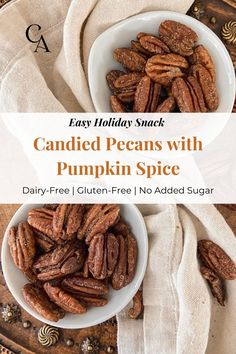 candied pecans with pumpkin spice in white bowls on a wooden table next to a napkin