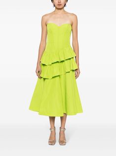 Marchesa Notte Taffeta Tiered Midi Dress - Farfetch Green Ankle Length Dress, Spring Taffeta Knee-length Dress, Spring Knee-length Taffeta Dress, Spring Taffeta Midi Cocktail Dress, Spring Taffeta Midi Dress For Cocktail, Spring Midi Dress With Sweetheart Neckline And Ruffle Hem, Elegant Green Tiered Midi Dress, Elegant Green Tiered Skirt Midi Dress, Green Spring Dress With Voluminous Skirt