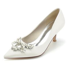 Shop Ivory Satin Jeweled Heels Wedding Pointed Toe Pumps Kitten Heel color Ivory for Dancing Club, Date, Party, Wedding with worldwide Free shipping & Free return. Bridal Party Shoes, Wedding Shoes High Heels, Jeweled Heels, Rhinestone High Heels, Headband Jewelry, Modest Bridesmaid Dresses, Bridal Heels, Bridesmaid Shoes, Stil Elegant