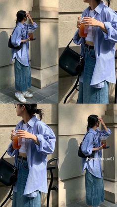 Denim Skirt Korean Outfit, Denim Skirt Outfit Korean, Skirt Outfits Korean, Long Sleeve Shirt Outfits, Stylish Outfits Casual, Neat Casual Outfits, Korean Fits, Girls Dress Outfits, Denim Skirt Outfits