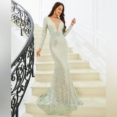 Spring Evening Long Sleeve Sequin Dress, Elegant Long Sleeve Sequin Prom Dress, Spring Long Sleeve Sequin Dress, Glamorous Long Sleeve Cocktail Gown, Elegant Green Sequin Cocktail Dress, Green Long Sleeve Sequin Dress, Glamorous Green Long Sleeve Gown, Silver Floor-length Evening Dress With Sequins, Elegant Silver Floor-length Sequin Dress