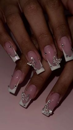 Nails idea spring nails idea inspo butterfly nails silver nails unghie lunghe ispirazione french bianco white french nude nails long nails Ongles Bling Bling, Young Nails, Girly Acrylic Nails, French Acrylic Nails, Short Square Acrylic Nails, Acrylic Nails Coffin Pink, Unique Acrylic Nails, White Nail, Acrylic Nails Coffin Short