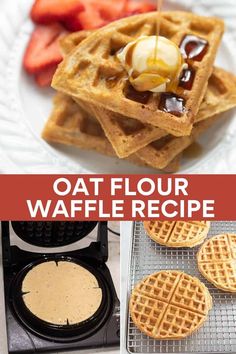 waffles with syrup and butter on top are shown in this collage for breakfast