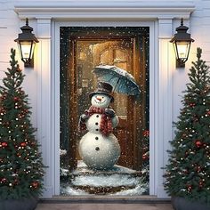 a snowman with an umbrella is standing in front of a door decorated for christmas