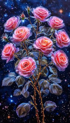 a painting of pink roses with stars in the background