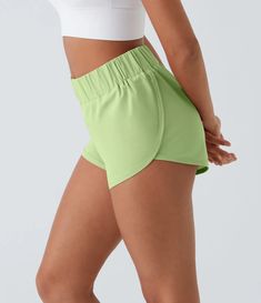 High Waisted Dolphin Hem Casual Shorts 2" Green Yoga Shorts With Elastic Waistband, Green High Waist Athletic Shorts With Built-in Shorts, Green High Waist 2-in-1 Athletic Shorts, High Waist Green Athletic Shorts With Built-in Liner, Green High-waisted Shorts For Gym, Green High-waisted Gym Shorts, Green Gym Bottoms For Summer, Green High-waisted Shorts For Yoga, Green Yoga Shorts