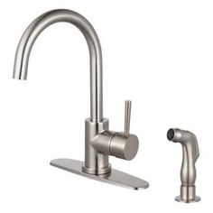 a kitchen faucet with two handles and nozzles on the side, in stainless steel