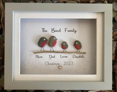 three birds are sitting on a branch in a frame