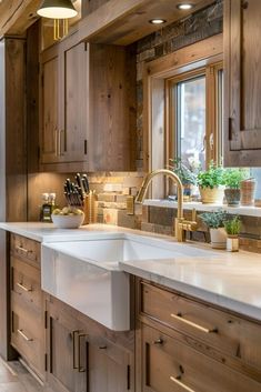 a kitchen with wooden cabinets and white counter tops