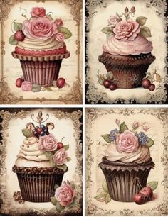 four pictures of cupcakes with roses and cherries on them, one is pink