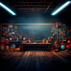 an empty room with wooden floors and blackboard in the corner, surrounded by toys