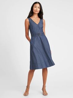 Denim V-Neck Dress | Banana Republic Casual Denim Dress, Indigo Dress, Sleeveless Denim Dress, Skirt Knee Length, Banana Republic Dress, 15 Dresses, Sleeveless Mini Dress, Belted Dress, Style Board