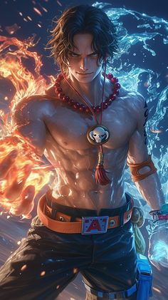 an image of a man in front of fire and water with his hands on his hips