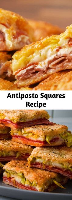 two pictures of sandwiches stacked on top of each other with the words antipasto squares recipe below