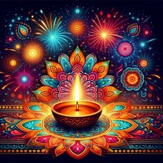 a lit candle in the middle of a colorful flower design with fireworks behind it on a black background