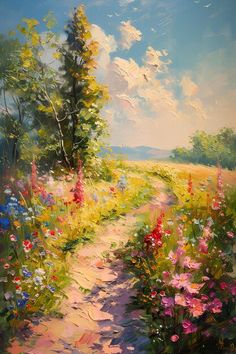 an oil painting of flowers and trees on a path in the middle of a field