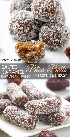 salted caramel bliss balls with raisins and almonds in the background