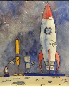 an image of a painting of a rocket ship in the sky with other objects around it