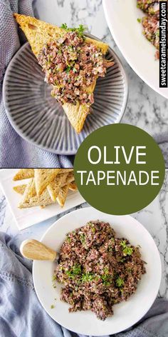 two plates with different types of food and the words olive tapenade on them