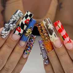 Short Crazy Nails, Long Crazy Nails, Creative Nail Designs Unique, Oldies Nails, Collage Nails, Juneteenth Nails, Lego Nails, Weird Nails, Graffiti Nail Art