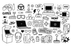 a set of hand drawn doodles on the theme of video games and gaming devices