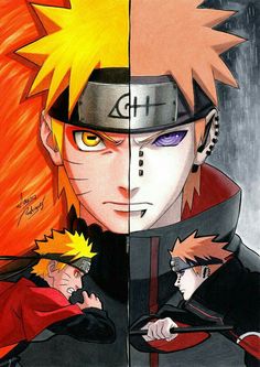 naruto and sashirt are split up in the same image, one has yellow eyes