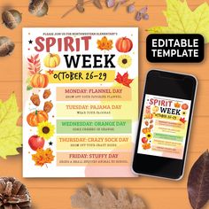 the spirit week flyer is displayed next to autumn leaves and acorns