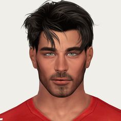 an animated image of a man with black hair and blue eyes wearing a red shirt