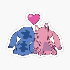 two blue and pink cartoon dogs sitting next to each other with a heart shaped balloon above them