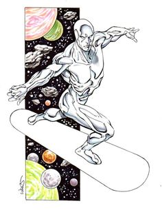 a drawing of a man on a snowboard with planets and stars in the background