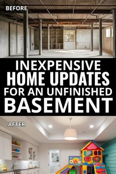 Inexpensive home updates for an unfinished basement before and after basement remodeling to turn basement into playroom family room kitchenette multipurpose room Unfinished Basement Home Office, Inexpensive Basement Remodel, Basement Laundry Room Ideas Unfinished, Basement Airbnb, Unfinished Basement Playroom, Unfinished Basements, Room Kitchenette, Basement Remodeling Before And After