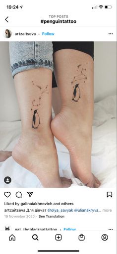 two people with matching tattoos on their feet, one has a penguin and the other has a star