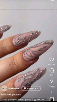 Nail Art Designs Tutorial Step By Step, Diy Glitter Nails Tutorials, Mew Years Nail Ideas, Silver Chrome Christmas Nails, Sparkle Swirl Nails, Line Work Nail Art, New Year’s Eve Nail Art, Icy Nail Designs, 30th Birthday Nails Turning 30