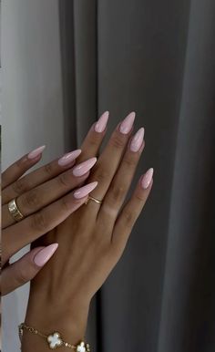 Holiday Basic Nails, Dusty Pink Almond Nails, Long Almond Pink Nails, Plain Baby Pink Nails, Cute Pink Winter Nails, Girly Winter Nails, Soft Feminine Nails, Baby Pink Oval Nails, Baby Pink Sparkle Nails