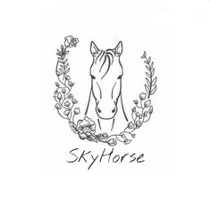 a drawing of a horse with the word skyhorse in it's center surrounded by flowers