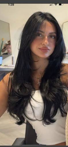 Long Hair With Layers Not Styled, Jet Black Hair Haircuts, Lots Of Layers Straight Hair, Long Black Hair With Long Layers, Soft Layers Black Hair, Long Haircut With Layers Face Framing Black Hair, Black Straight Hair With Layers, Haircut Long Hair Side Part, Meghan Fox Haircut