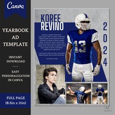 a brochure with an image of a football player in blue and white uniform