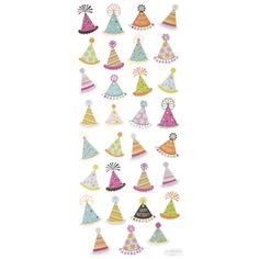 a group of party hats hanging from the side of a white wall with colorful confetti on it