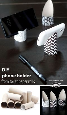 some toilet paper rolls and cell phone holders on a table with text overlay that says diy phone holder from toilet paper rolls