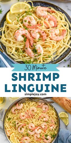 shrimp linguinne in a skillet with lemons and parsley on the side